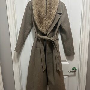 Suzy Shier Taupe Long Wool Coat with Faux Fur Collar